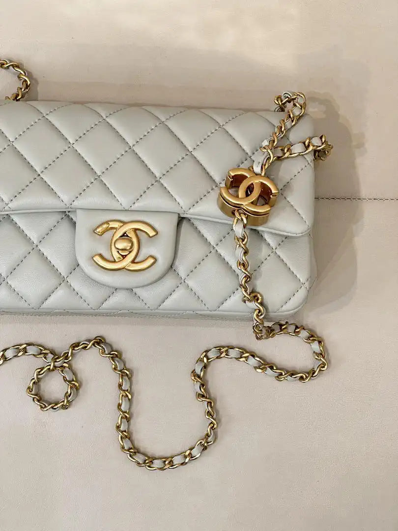 Chanel Mini Flap Shiny Lambskin & Gold-Tone Metal AS5759 Light Grey