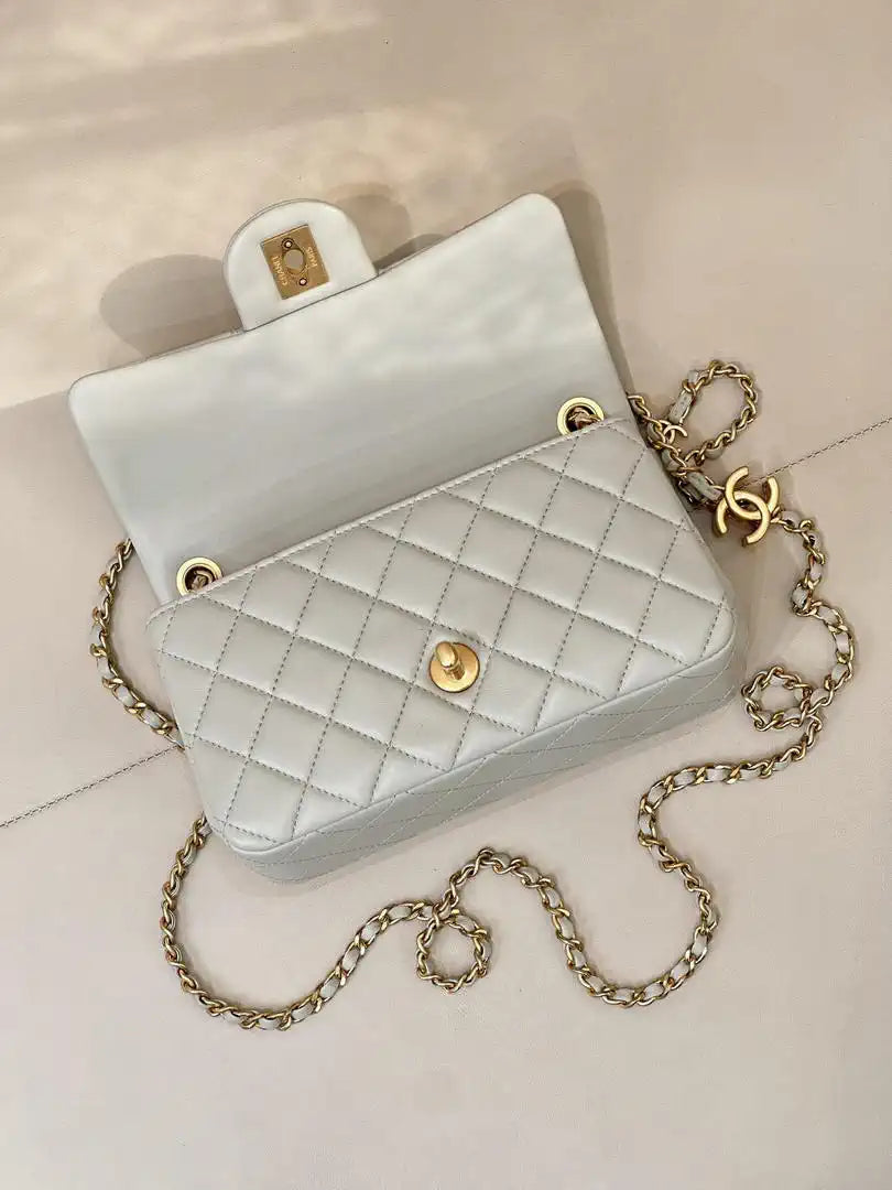 Chanel Mini Flap Shiny Lambskin & Gold-Tone Metal AS5759 Light Grey