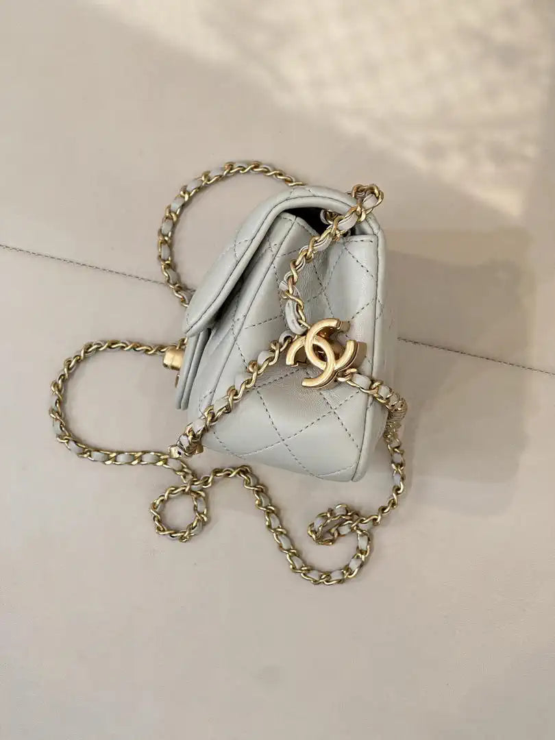 Chanel Mini Flap Shiny Lambskin & Gold-Tone Metal AS5759 Light Grey