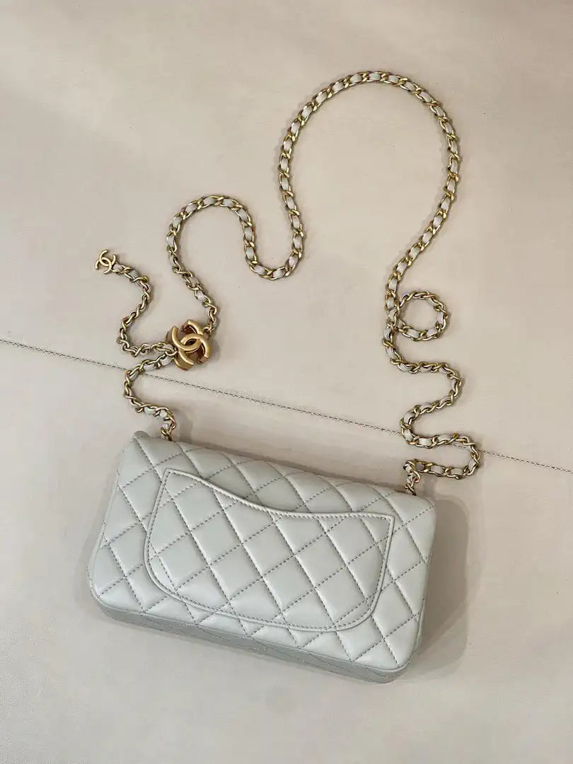 Chanel Mini Flap Shiny Lambskin & Gold-Tone Metal AS5759 Light Grey