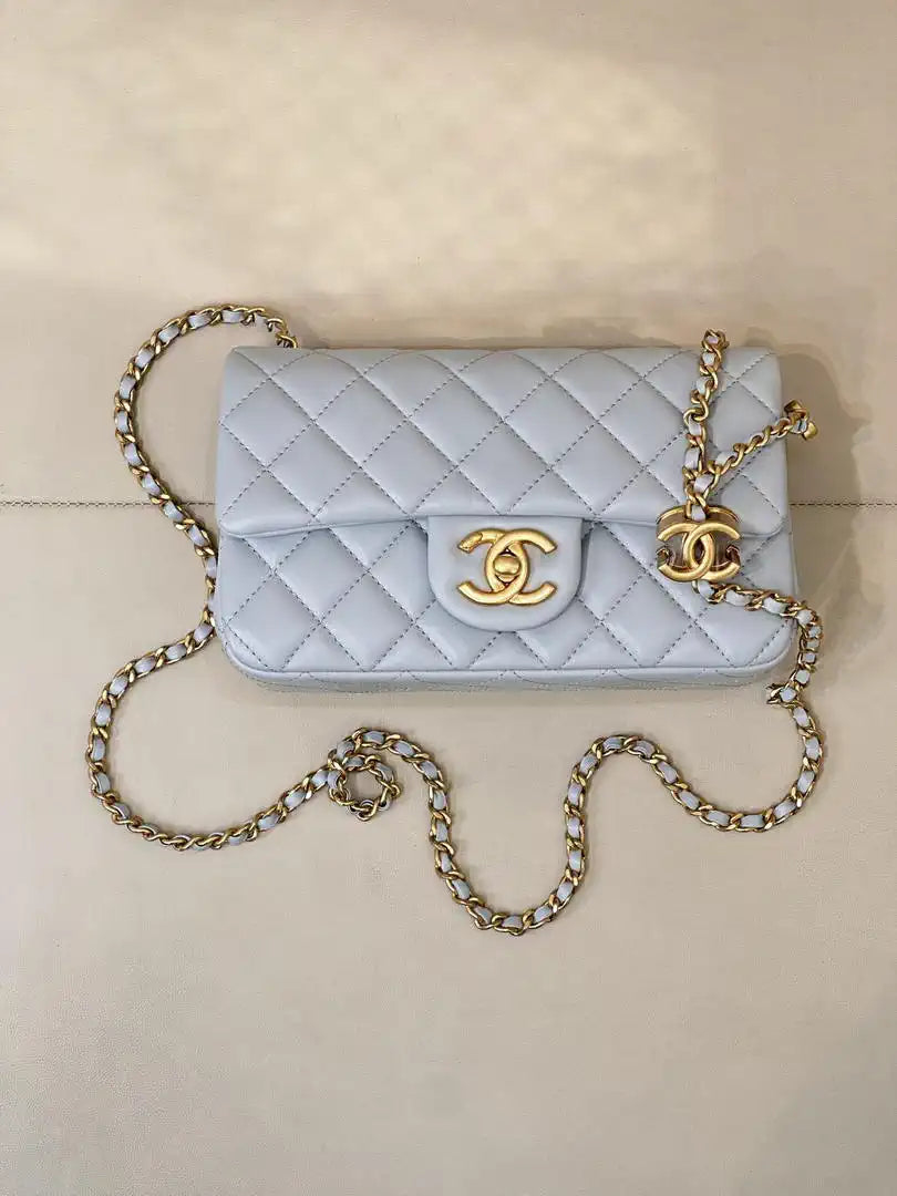 Chanel Mini Flap Shiny Lambskin & Gold-Tone Metal AS5759 Light Blue
