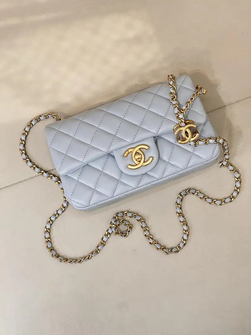 Chanel Mini Flap Shiny Lambskin & Gold-Tone Metal AS5759 Light Blue