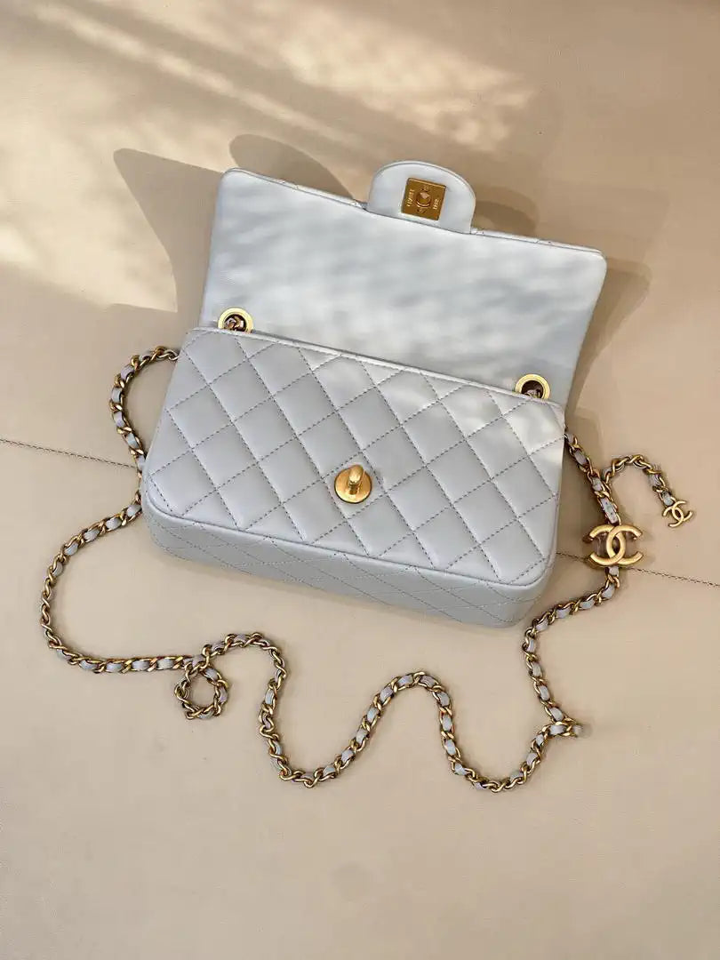 Chanel Mini Flap Shiny Lambskin & Gold-Tone Metal AS5759 Light Blue