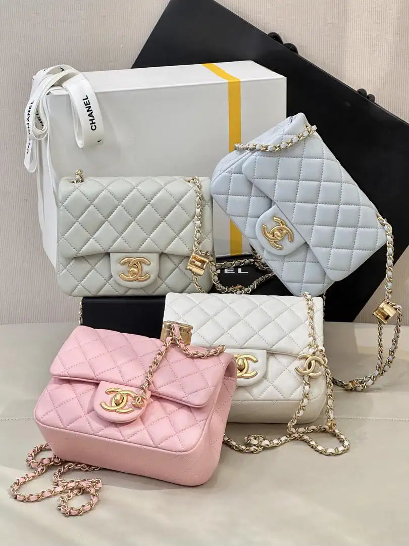 Chanel Mini Flap Shiny Lambskin & Gold-Tone Metal AS5759 Light Grey