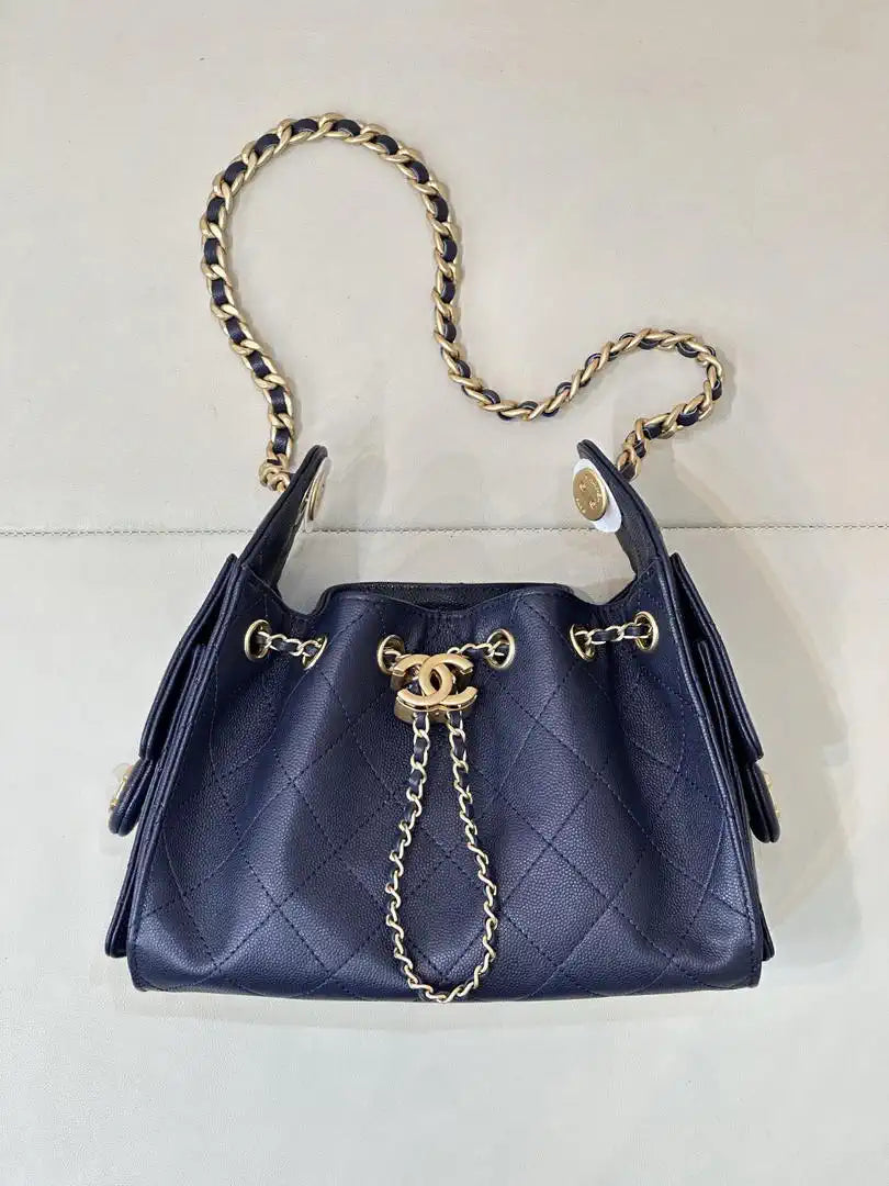 Chanel Mini Hobo Calfskin & Gold-Tone Metal AS5631 Navy Blue