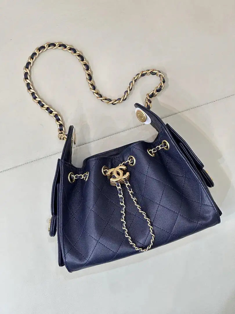 Chanel Mini Hobo Calfskin & Gold-Tone Metal AS5631 Navy Blue