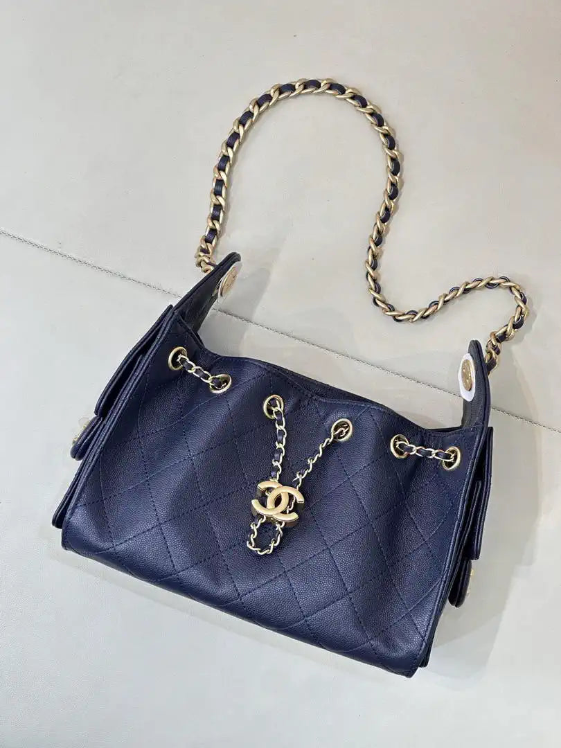 Chanel Mini Hobo Calfskin & Gold-Tone Metal AS5631 Navy Blue