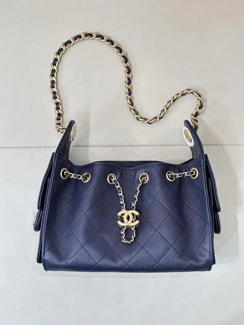 Chanel Mini Hobo Calfskin & Gold-Tone Metal AS5631 Navy Blue