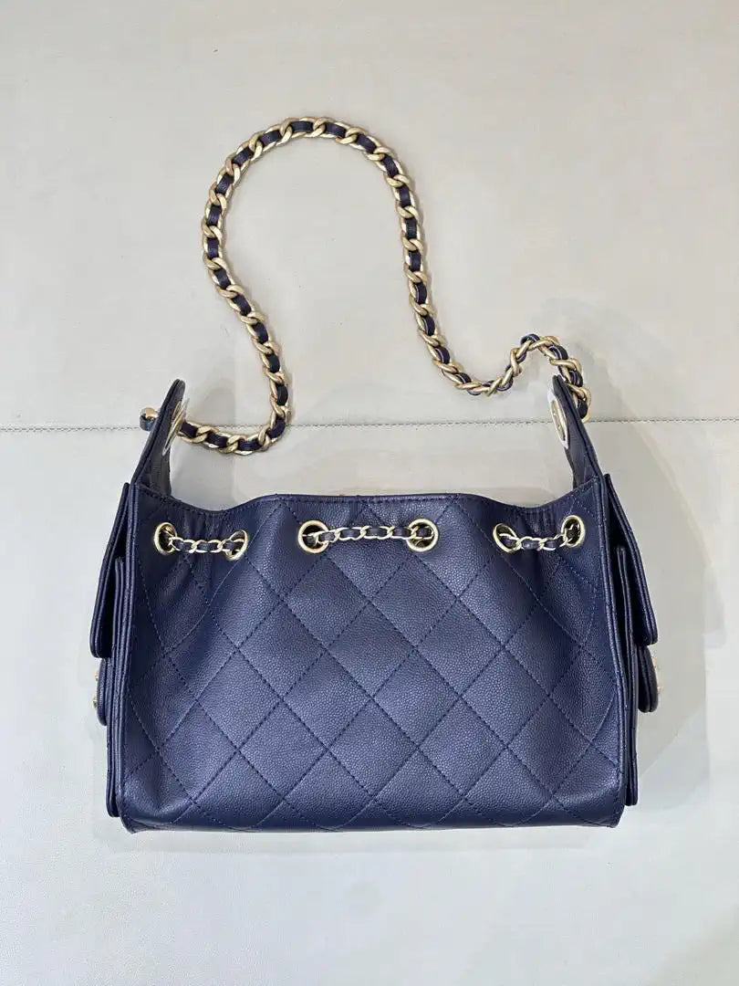 Chanel Mini Hobo Calfskin & Gold-Tone Metal AS5631 Navy Blue