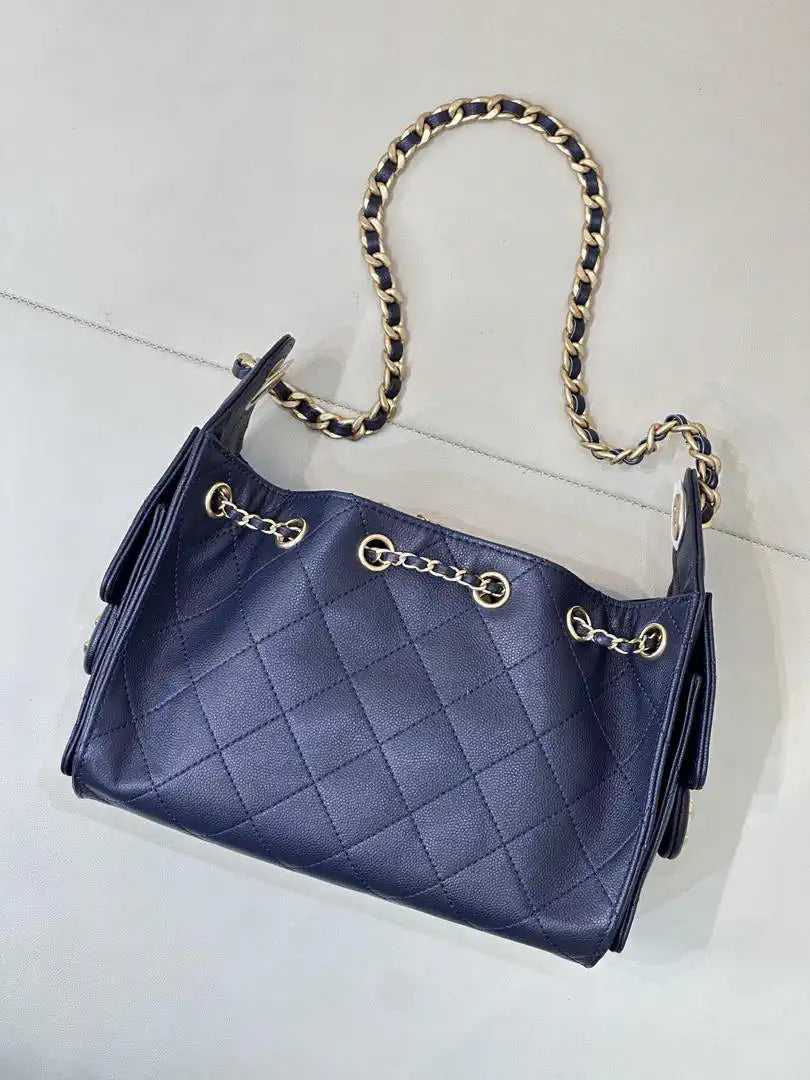 Chanel Mini Hobo Calfskin & Gold-Tone Metal AS5631 Navy Blue