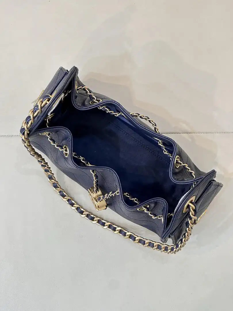 Chanel Mini Hobo Calfskin & Gold-Tone Metal AS5631 Navy Blue