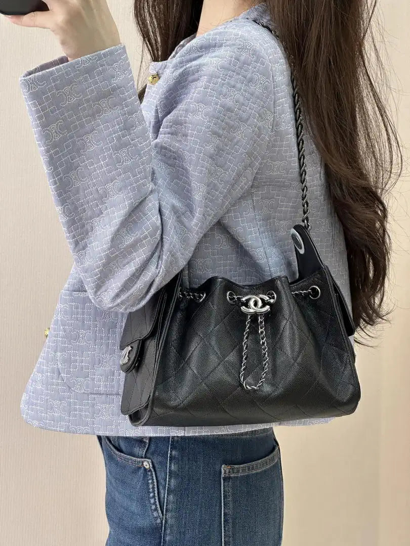 Chanel Mini Hobo Calfskin & Silver-Tone Metal AS5631 Black