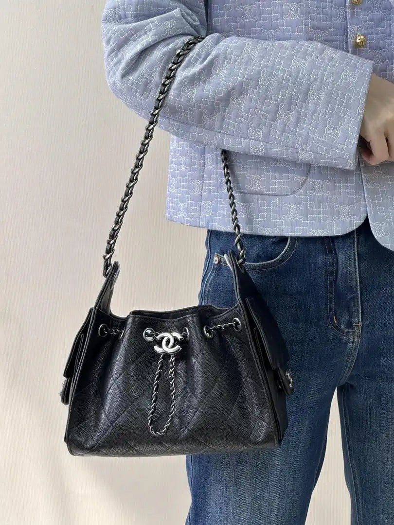 Chanel Mini Hobo Calfskin & Silver-Tone Metal AS5631 Black