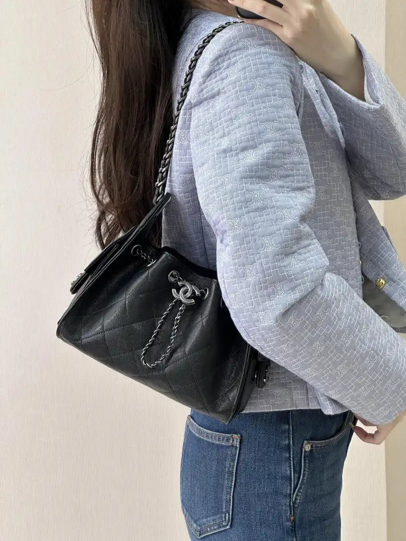 Chanel Mini Hobo Calfskin & Silver-Tone Metal AS5631 Black