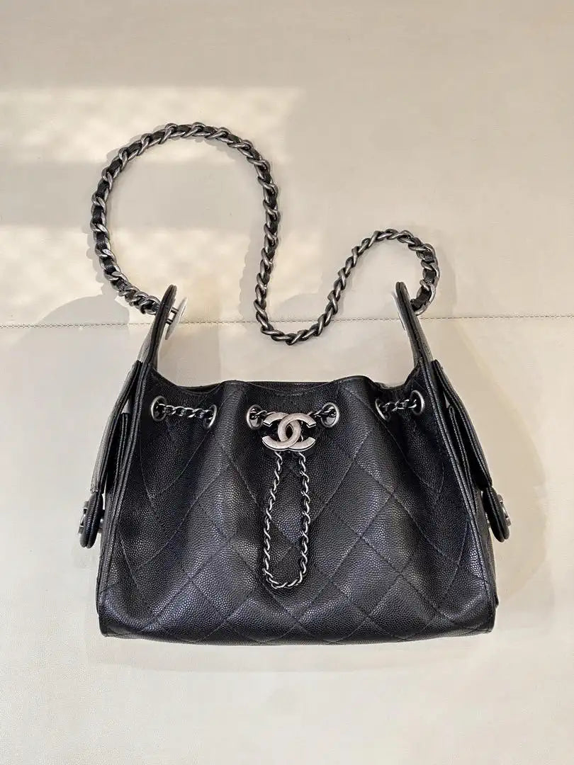 Chanel Mini Hobo Calfskin & Silver-Tone Metal AS5631 Black
