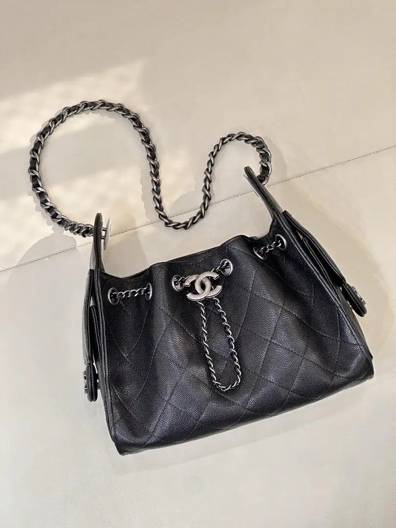Chanel Mini Hobo Calfskin & Silver-Tone Metal AS5631 Black