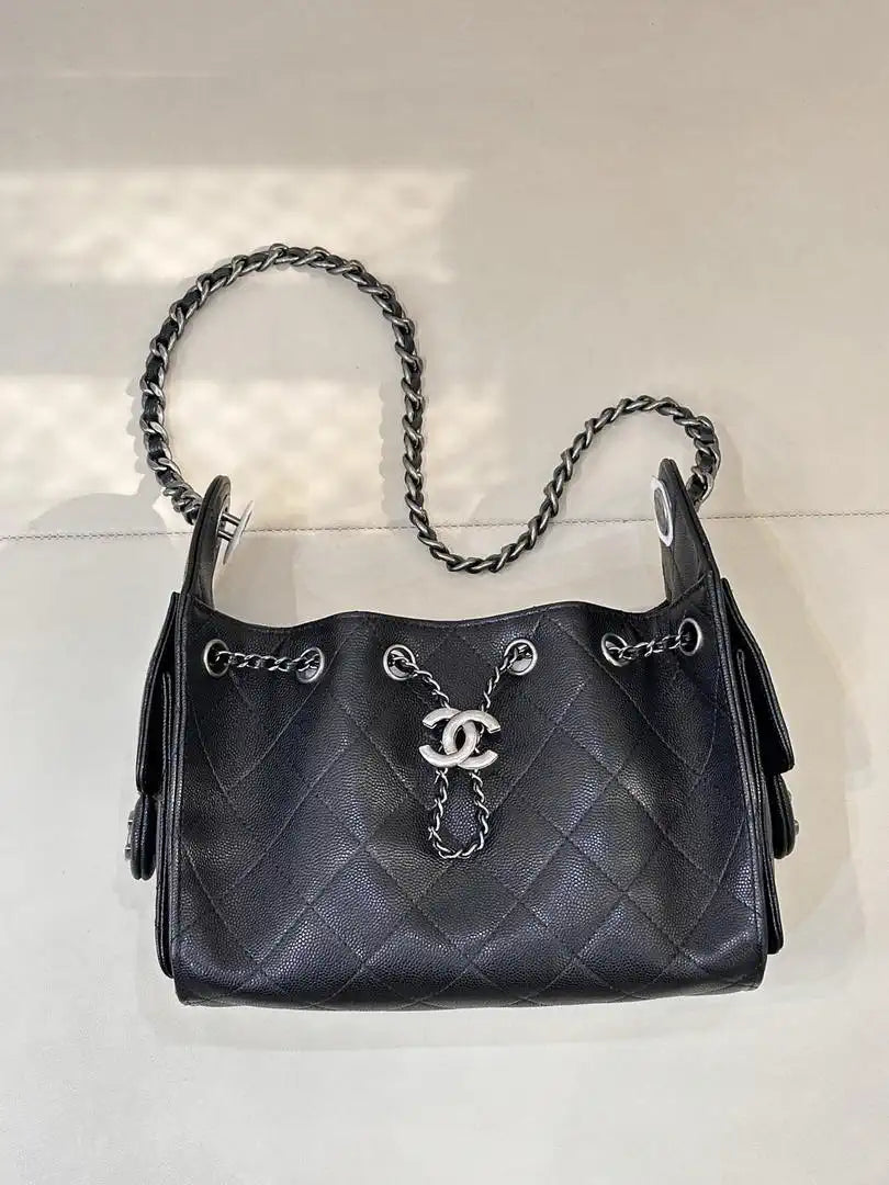 Chanel Mini Hobo Calfskin & Silver-Tone Metal AS5631 Black