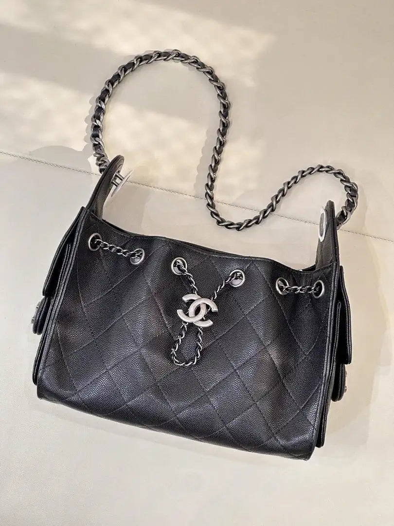 Chanel Mini Hobo Calfskin & Silver-Tone Metal AS5631 Black