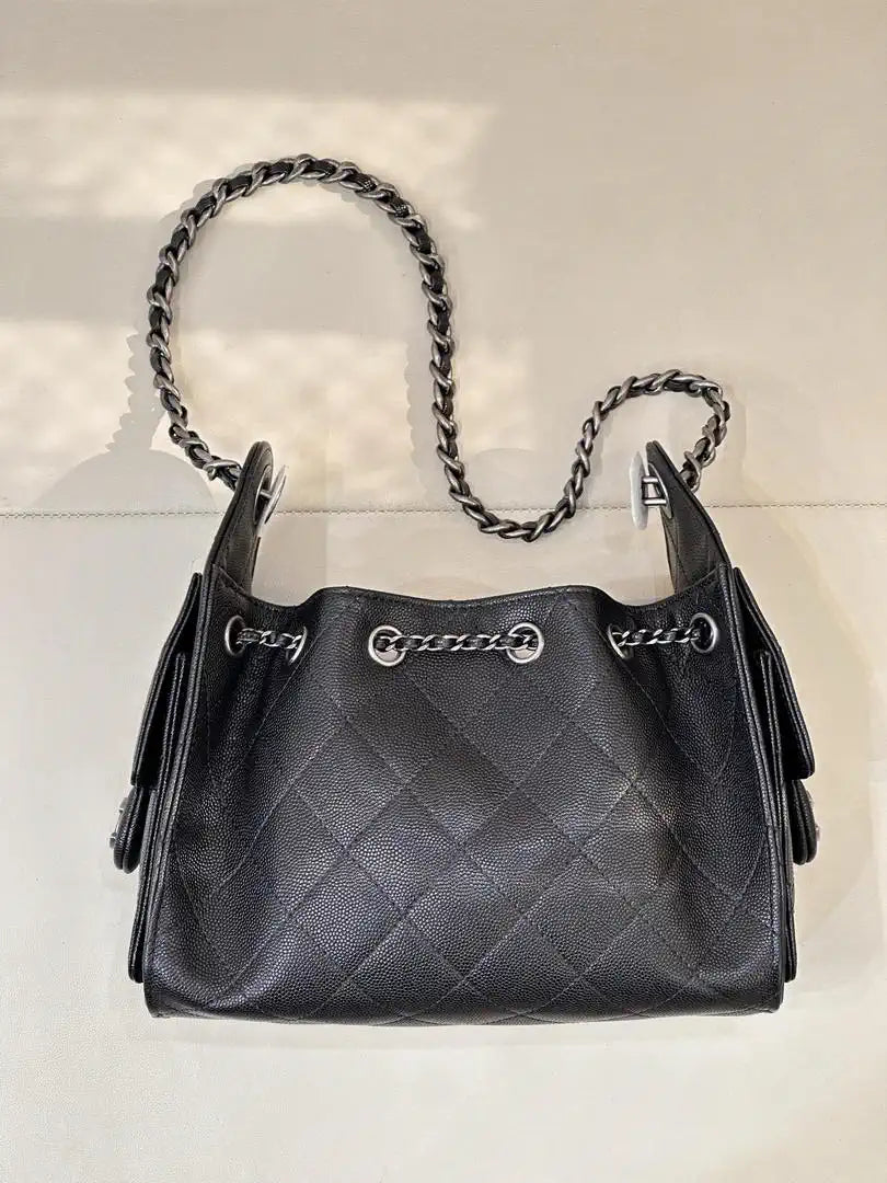 Chanel Mini Hobo Calfskin & Silver-Tone Metal AS5631 Black