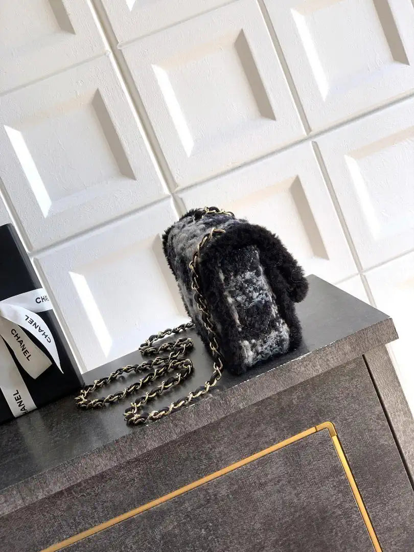 Chanel  Mini Tweed Shearling Lambskin & Gold-Tone Metal AS5685 Black & Gray