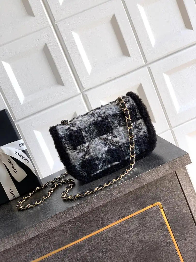 Chanel  Mini Tweed Shearling Lambskin & Gold-Tone Metal AS5685 Black & Gray