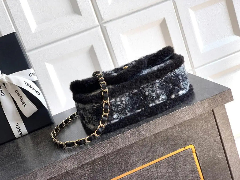 Chanel  Mini Tweed Shearling Lambskin & Gold-Tone Metal AS5685 Black & Gray