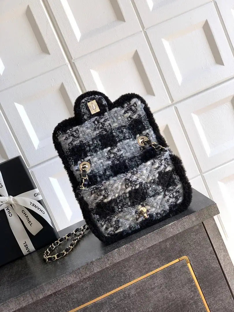Chanel  Mini Tweed Shearling Lambskin & Gold-Tone Metal AS5685 Black & Gray