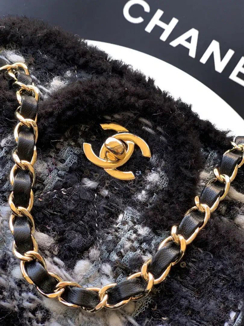 Chanel  Mini Tweed Shearling Lambskin & Gold-Tone Metal AS5685 Black & Gray