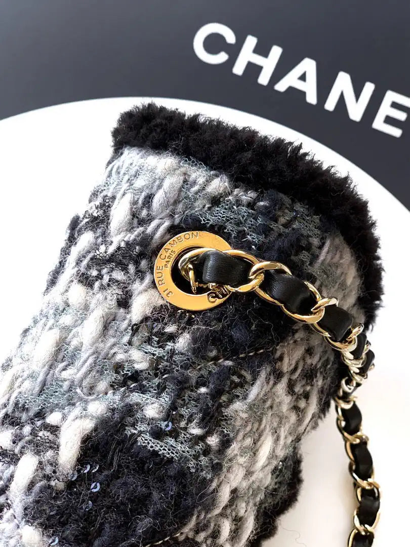 Chanel  Mini Tweed Shearling Lambskin & Gold-Tone Metal AS5685 Black & Gray
