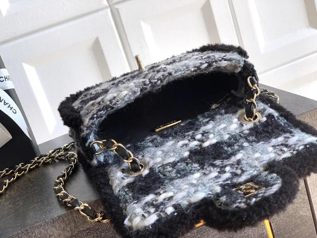 Chanel  Mini Tweed Shearling Lambskin & Gold-Tone Metal AS5685 Black & Gray