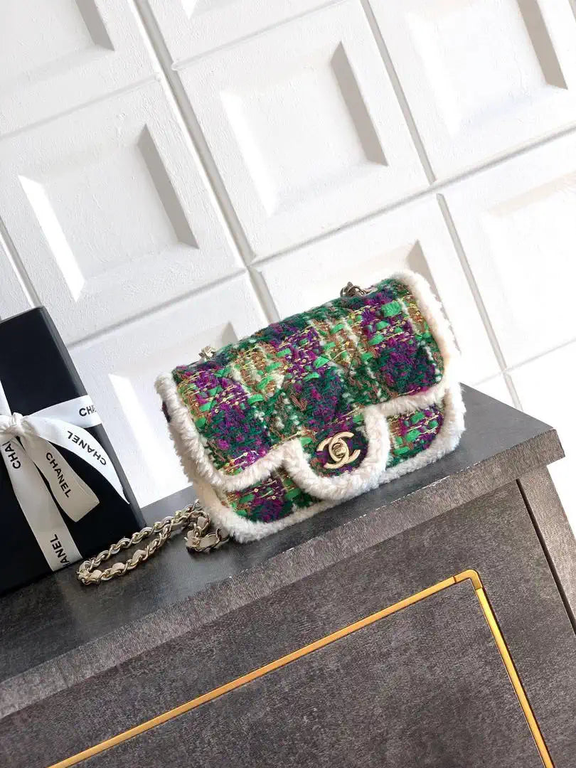 Chanel  Mini Tweed Shearling Lambskin & Gold-Tone Metal AS5685 Green Purple