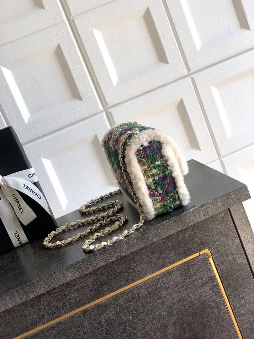 Chanel  Mini Tweed Shearling Lambskin & Gold-Tone Metal AS5685 Green Purple