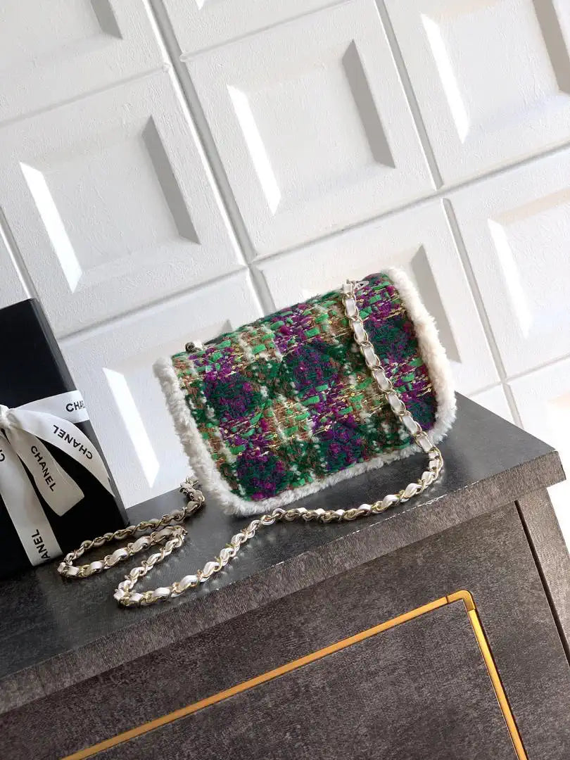 Chanel  Mini Tweed Shearling Lambskin & Gold-Tone Metal AS5685 Green Purple