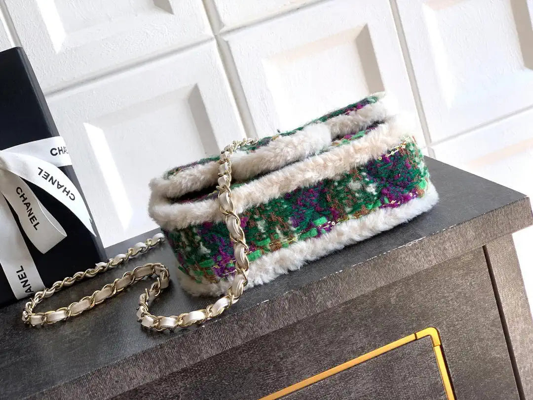 Chanel  Mini Tweed Shearling Lambskin & Gold-Tone Metal AS5685 Green Purple