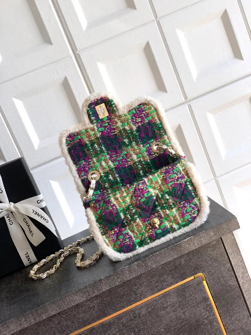 Chanel  Mini Tweed Shearling Lambskin & Gold-Tone Metal AS5685 Green Purple