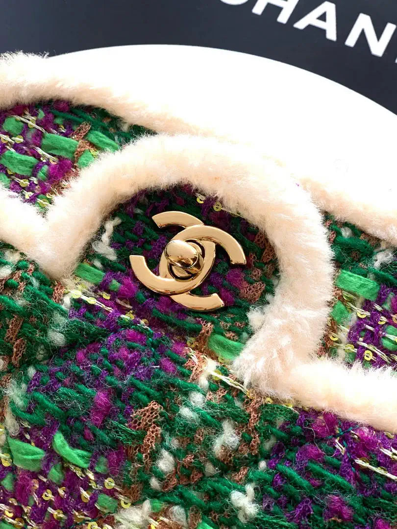 Chanel  Mini Tweed Shearling Lambskin & Gold-Tone Metal AS5685 Green Purple
