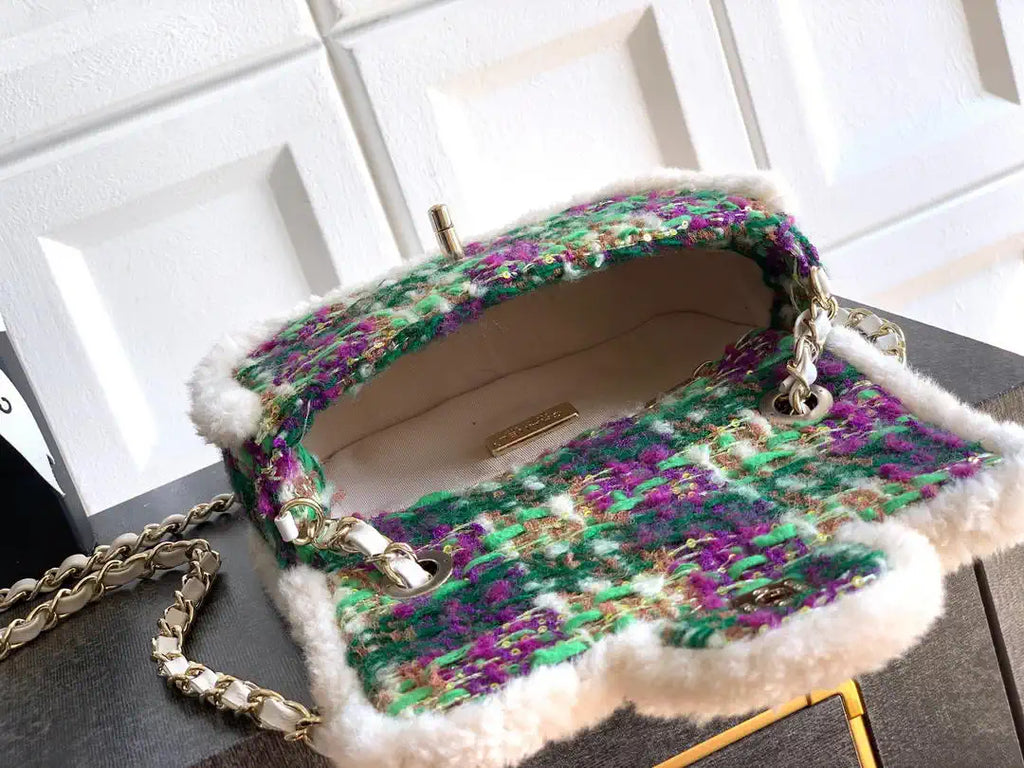 Chanel  Mini Tweed Shearling Lambskin & Gold-Tone Metal AS5685 Green Purple