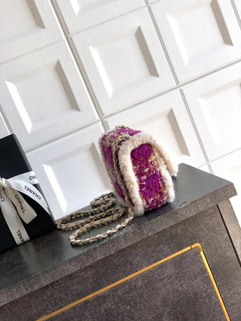 Chanel  Mini Tweed Shearling Lambskin & Gold-Tone Metal AS5685 Fuschia Pink