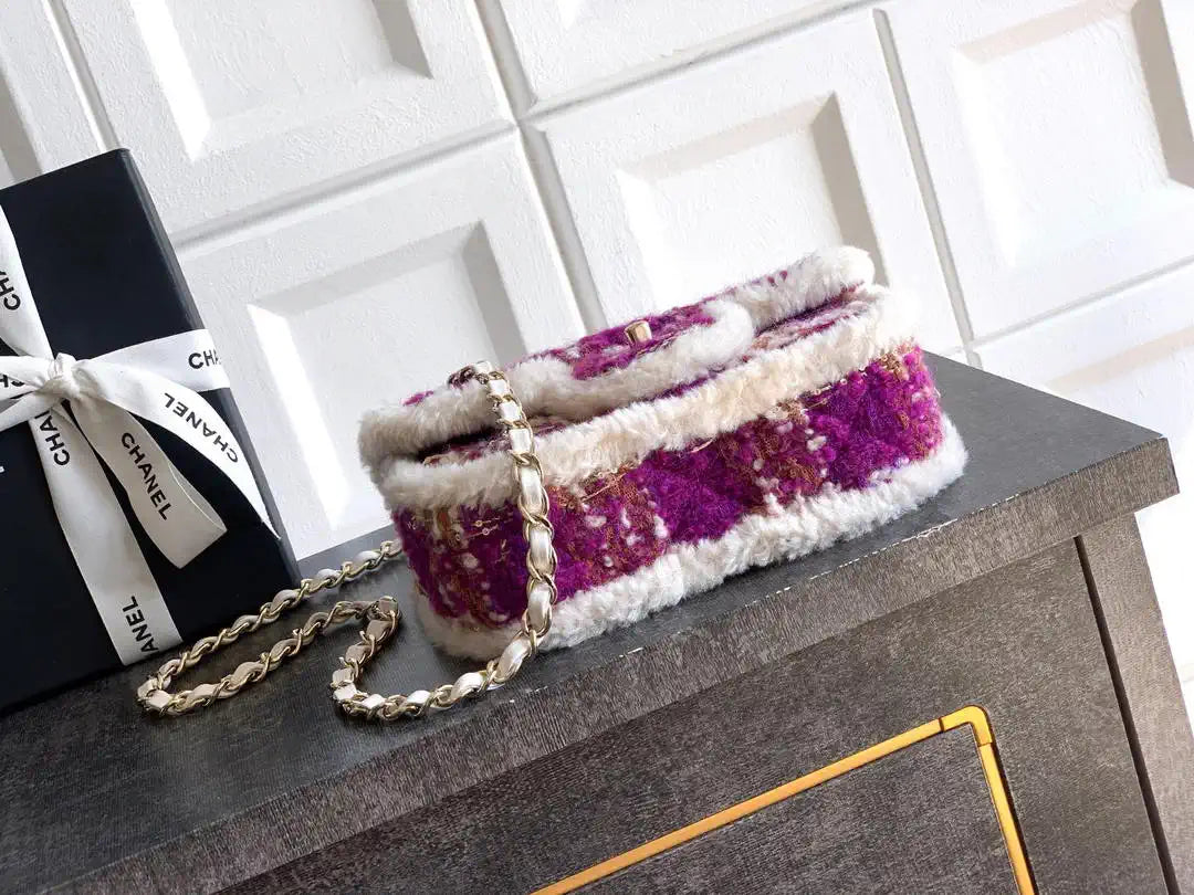 Chanel  Mini Tweed Shearling Lambskin & Gold-Tone Metal AS5685 Fuschia Pink