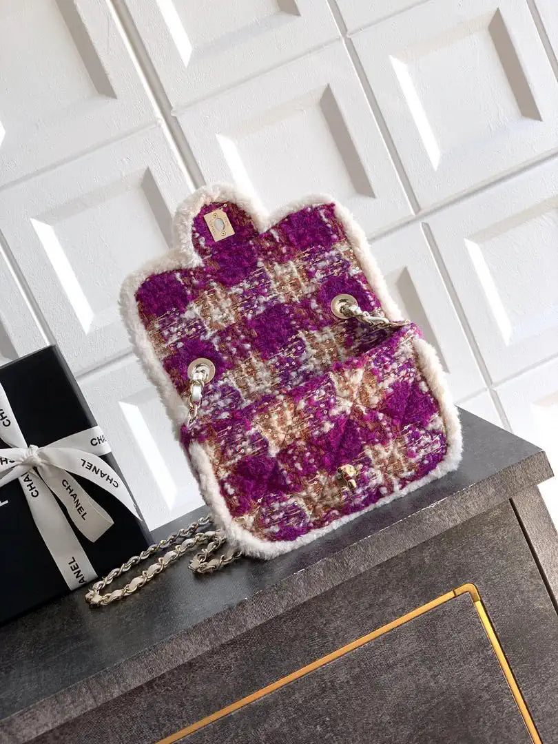 Chanel  Mini Tweed Shearling Lambskin & Gold-Tone Metal AS5685 Fuschia Pink