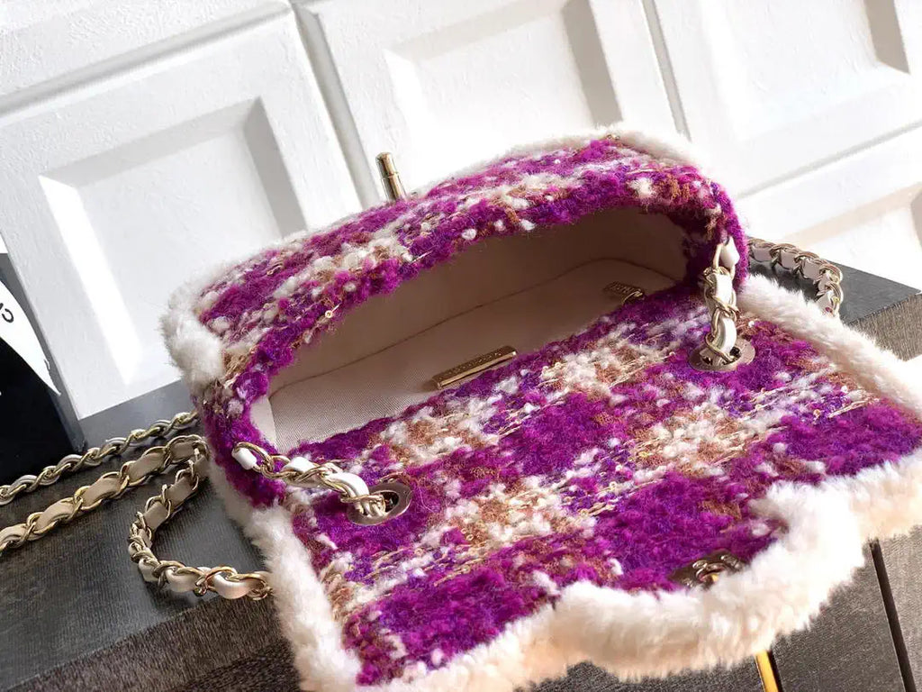 Chanel  Mini Tweed Shearling Lambskin & Gold-Tone Metal AS5685 Fuschia Pink