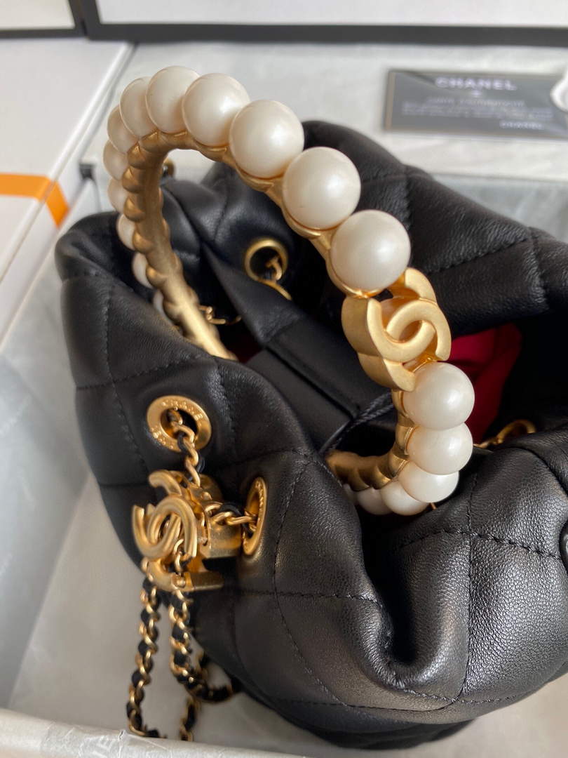 Chanel Pearl Bracelet Bucket Bag Lambskin AS2608 Black