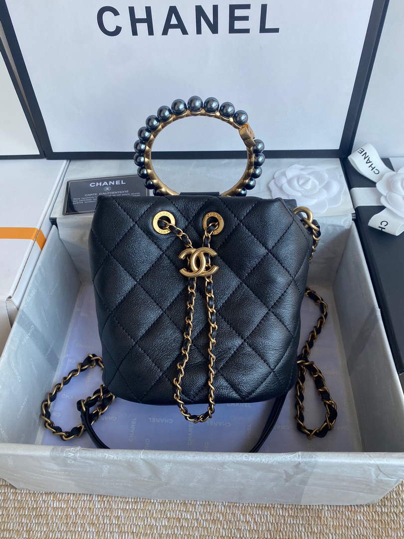 Chanel Grey Pearl Bracelet Bucket Bag Lambskin AS2608 Black