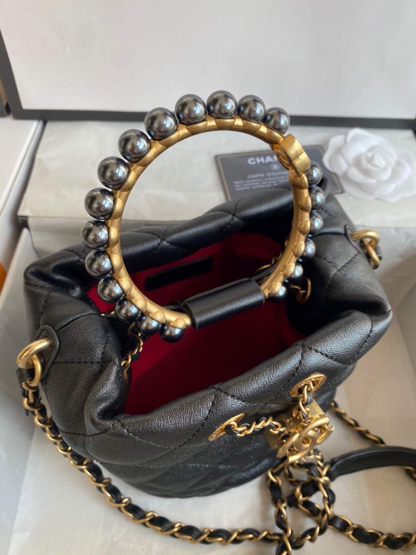 Chanel Grey Pearl Bracelet Bucket Bag Lambskin AS2608 Black
