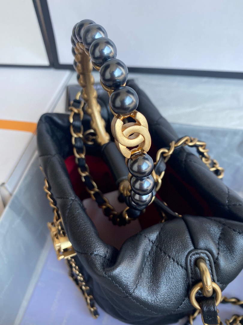 Chanel Grey Pearl Bracelet Bucket Bag Lambskin AS2608 Black