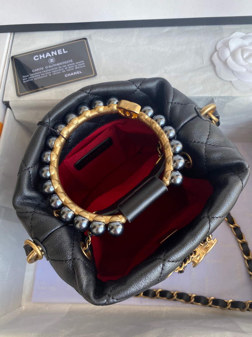 Chanel Grey Pearl Bracelet Bucket Bag Lambskin AS2608 Black - Default Title - View 8