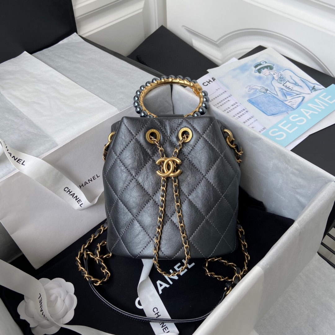 Chanel Pearl Bracelet Bucket Bag Lambskin AS2608 Grey - Default Title - View 1