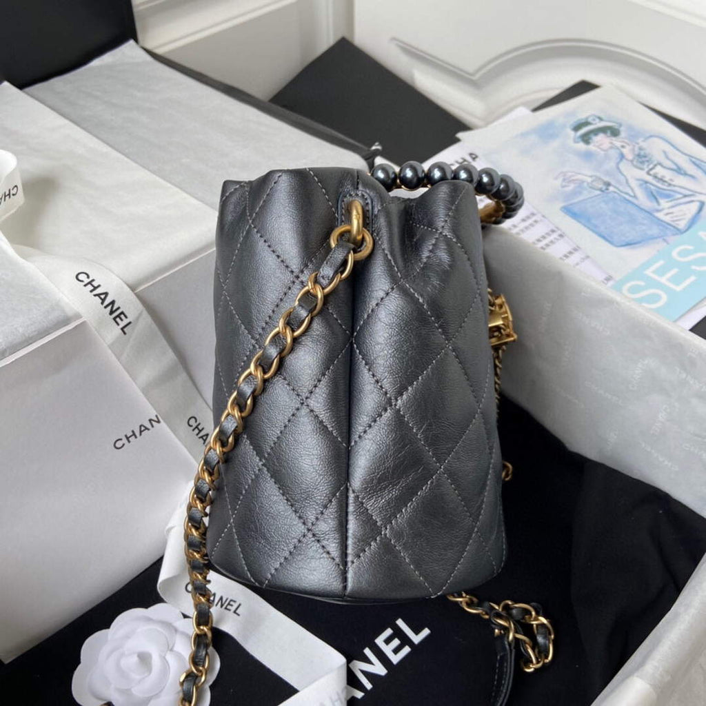 Chanel Pearl Bracelet Bucket Bag Lambskin AS2608 Grey