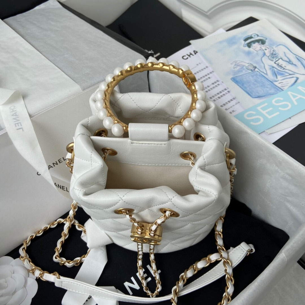 Chanel Pearl Bracelet Bucket Bag Lambskin AS2608 White