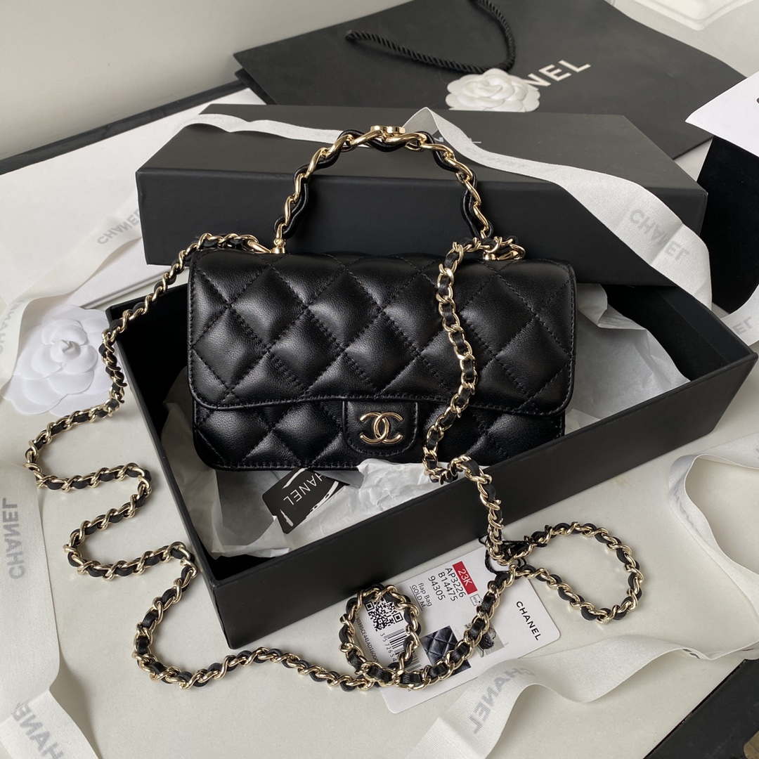 Chanel Phone Holder with Chain CC  Lambskin & Gold-Tone Metal AP3226 Black - Default Title - View 1